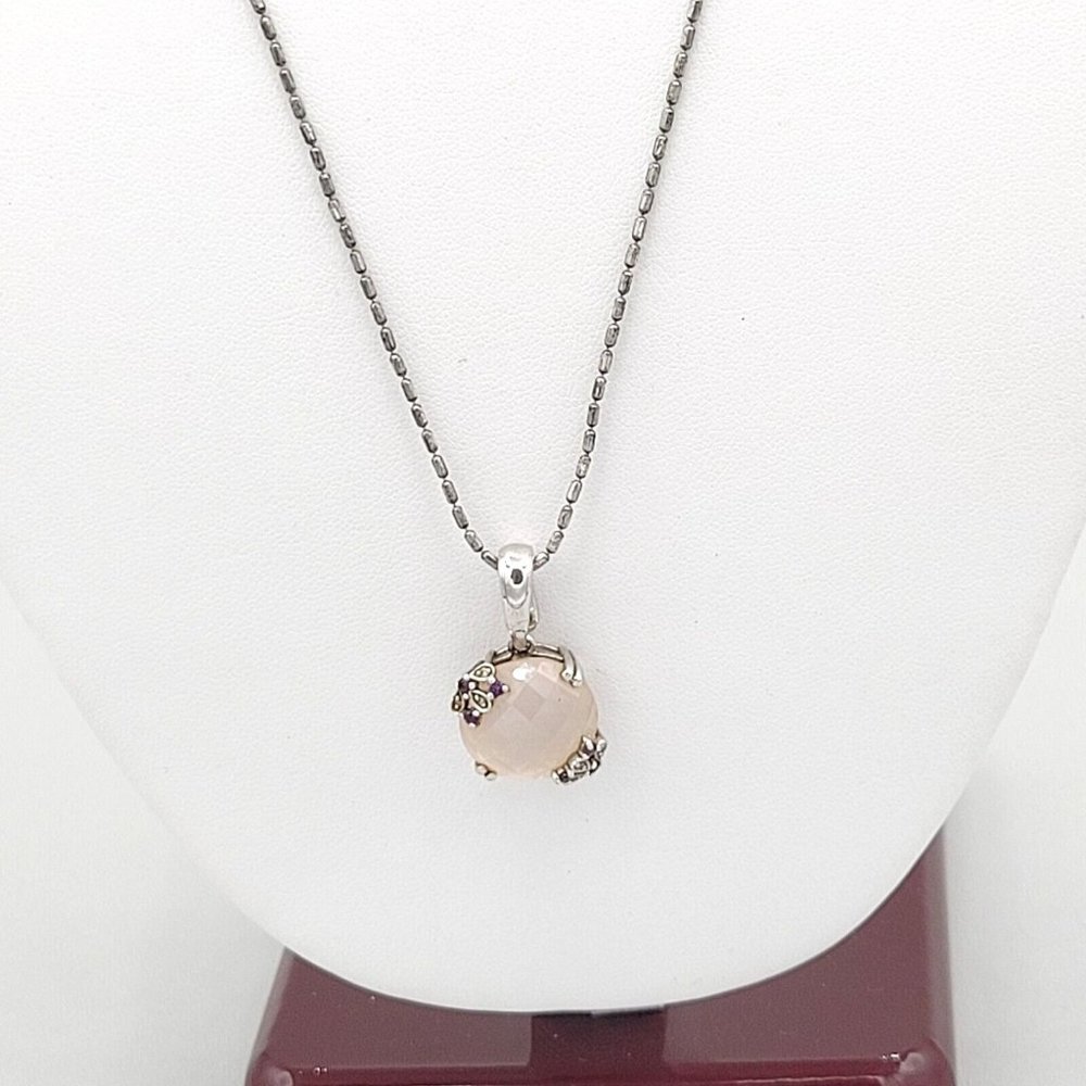 Lirm 925 Italy Signed Womens Silver Oval Ball Chain White Stone Pendant 19 in - Picture 1 of 9